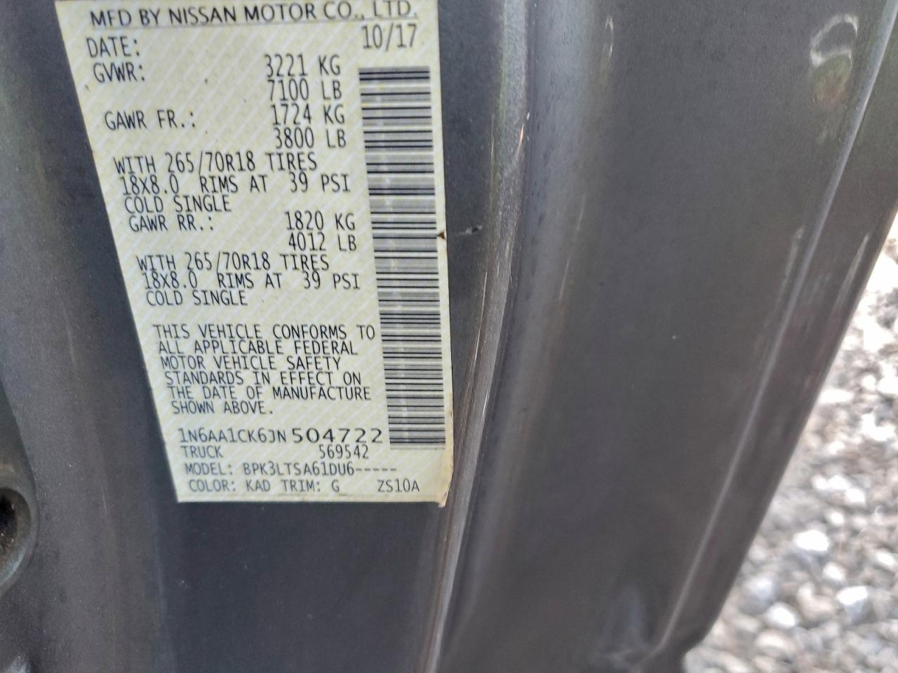 2018 Nissan Titan S VIN: 1N6AA1CK6JN504722 Lot: 95861995