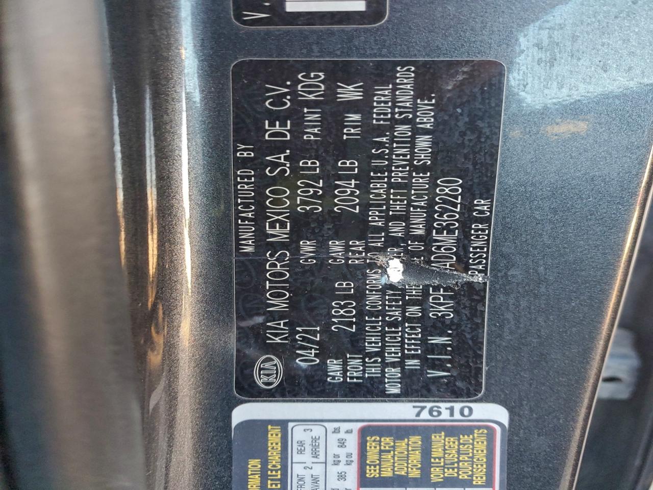 2021 Kia Forte Fe VIN: 3KPF24AD6ME362280 Lot: 96606715