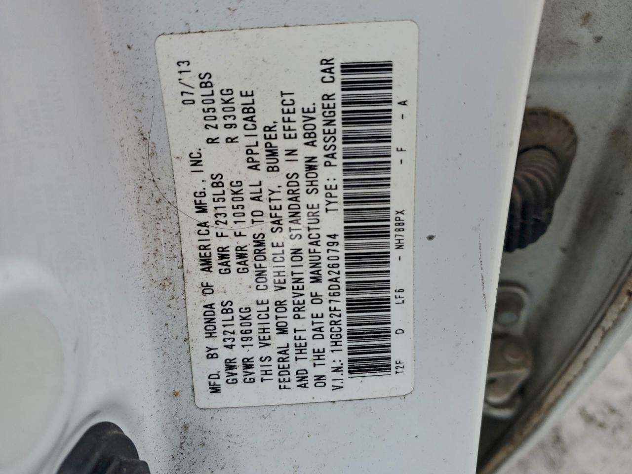 2013 Honda Accord Ex VIN: 1HGCR2F76DA260794 Lot: 94859345