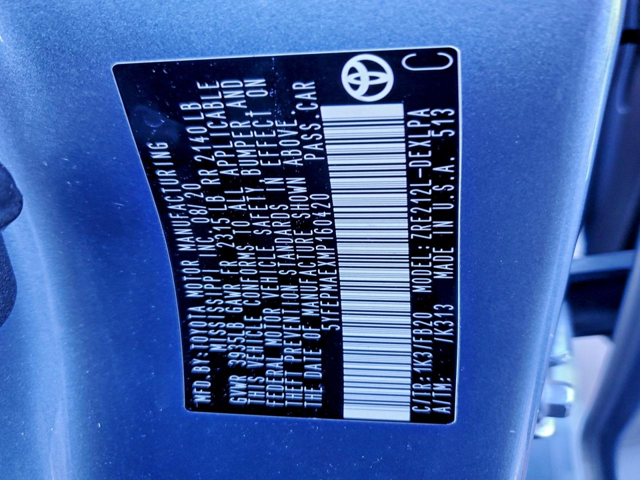 2021 Toyota Corolla Le VIN: 5YFEPMAEXMP160420 Lot: 94868305