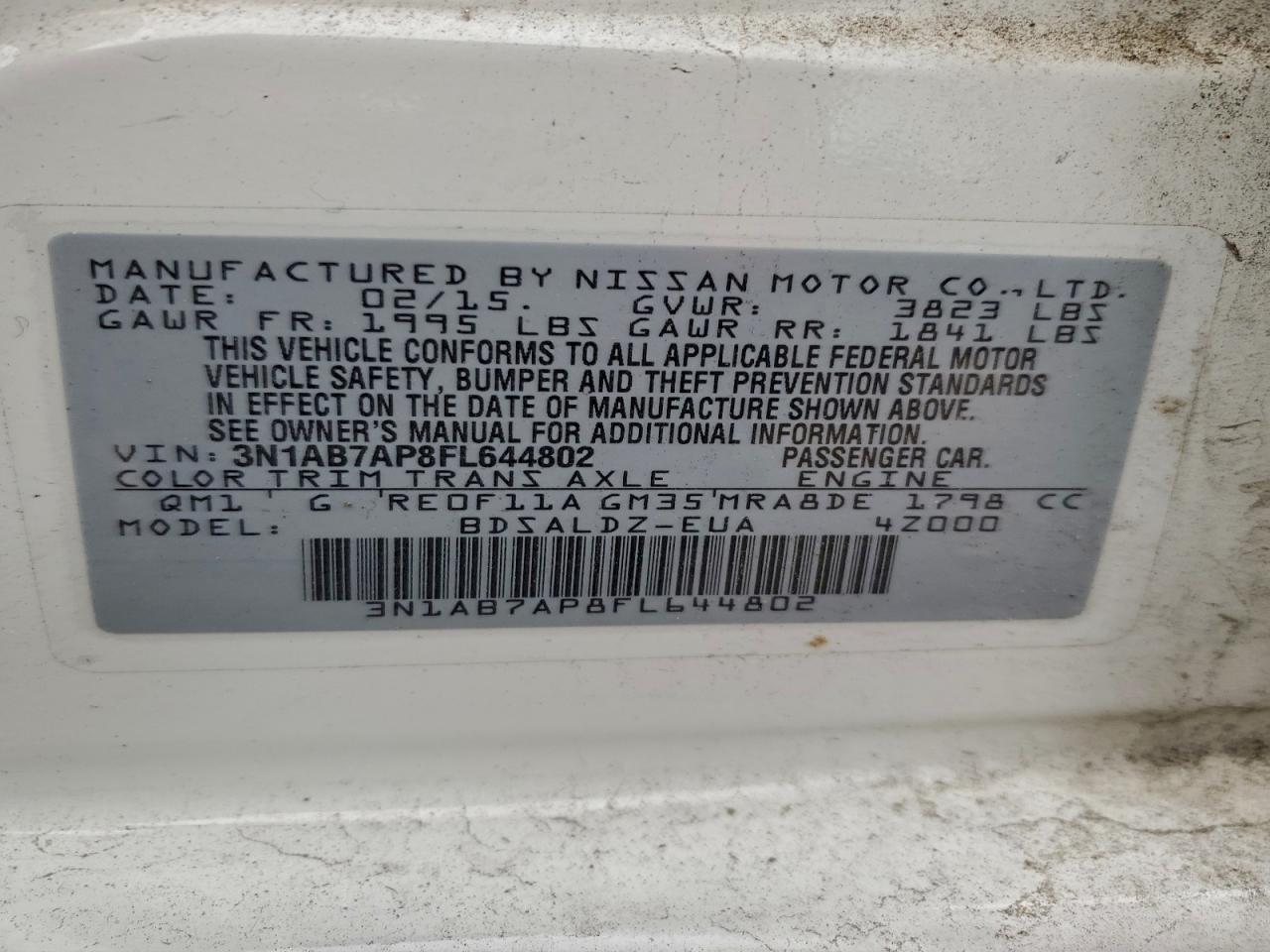 2015 Nissan Sentra S VIN: 3N1AB7AP8FL644802 Lot: 96372545