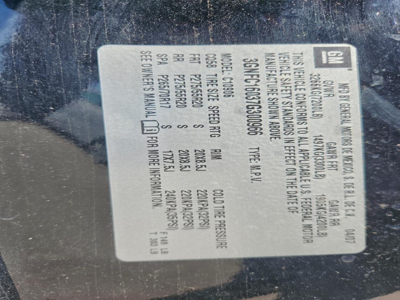 2007 Chevrolet Suburban C1500 VIN: 3GNFC16037G300966 Lot: 94731505