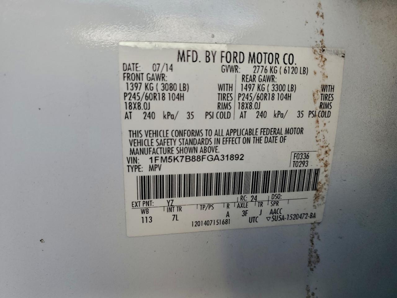 2015 Ford Explorer VIN: 1FM5K7B88FGA31892 Lot: 96515855