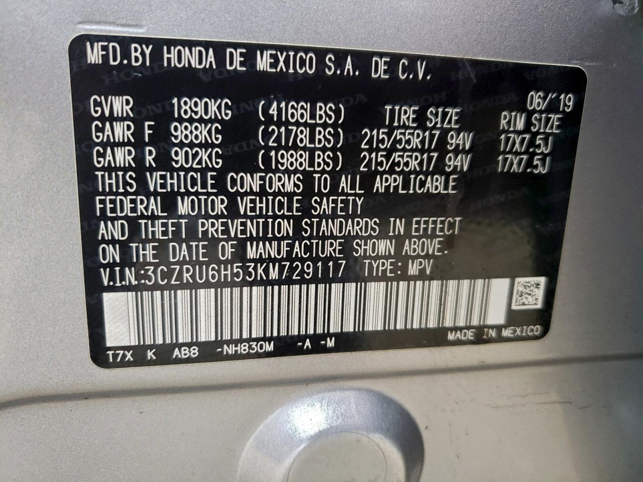 2019 Honda Hr-V Ex VIN: 3CZRU6H53KM729117 Lot: 95571175