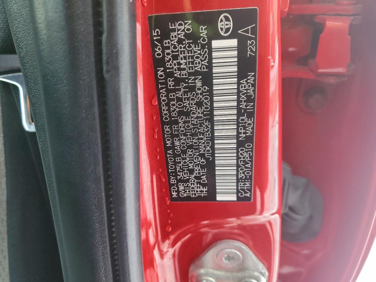 2015 Toyota Prius C VIN: JTDKDTB32F1102019 Lot: 95192155