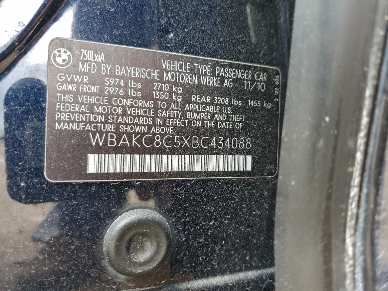 2011 BMW 750 Lxi VIN: WBAKC8C5XBC434088 Lot: 95560595