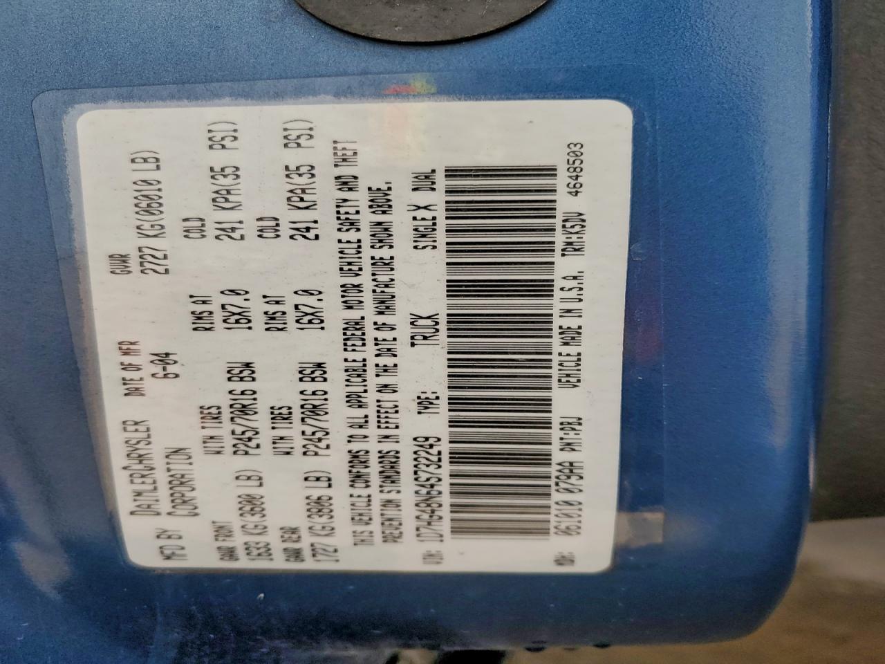 2004 Dodge Dakota Quad Slt VIN: 1D7HG48N64S732249 Lot: 85442395