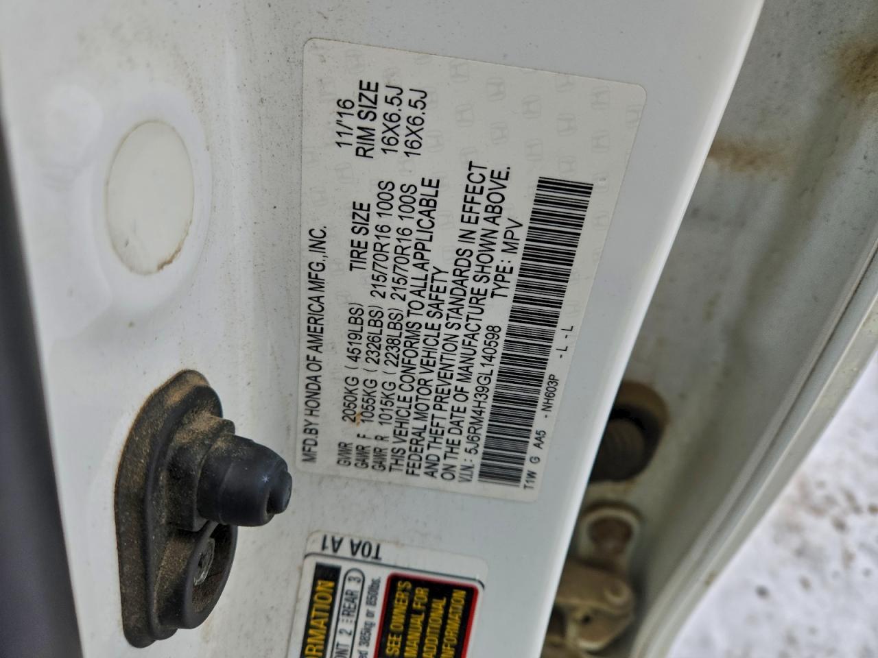 2016 Honda Cr-V Lx VIN: 5J6RM4H39GL140598 Lot: 96380165