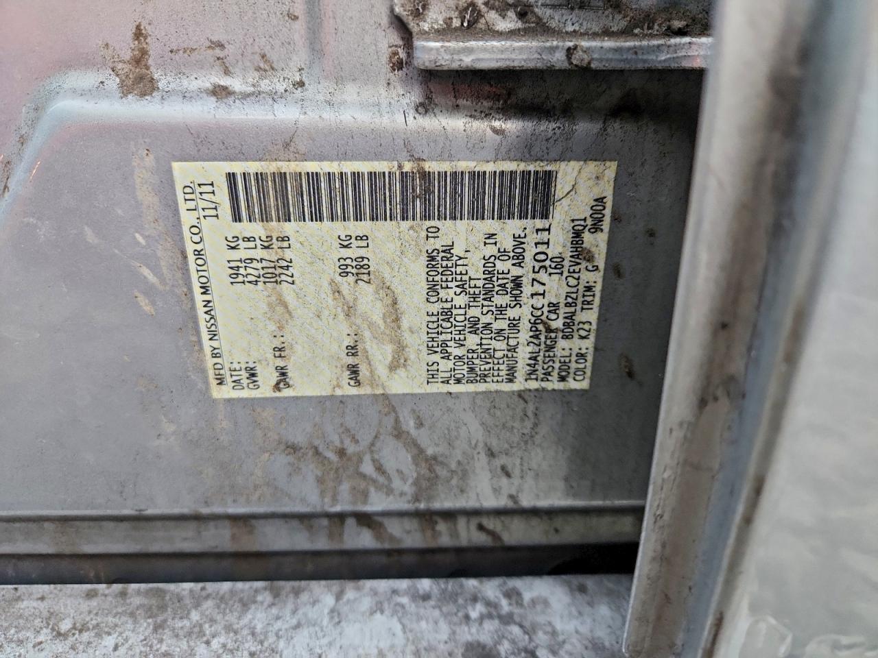 2012 Nissan Altima Base VIN: 1N4AL2AP6CC175011 Lot: 94311535