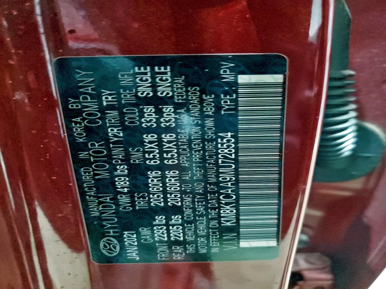 2021 Hyundai Kona Se VIN: KM8K1CAA9MU728554 Lot: 97433075