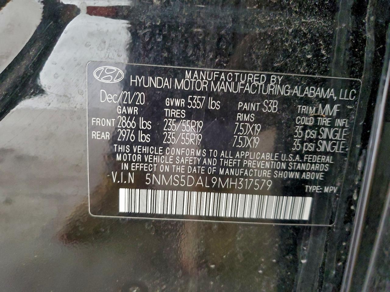 2021 Hyundai Santa Fe Calligraphy VIN: 5NMS5DAL9MH317579 Lot: 97969055