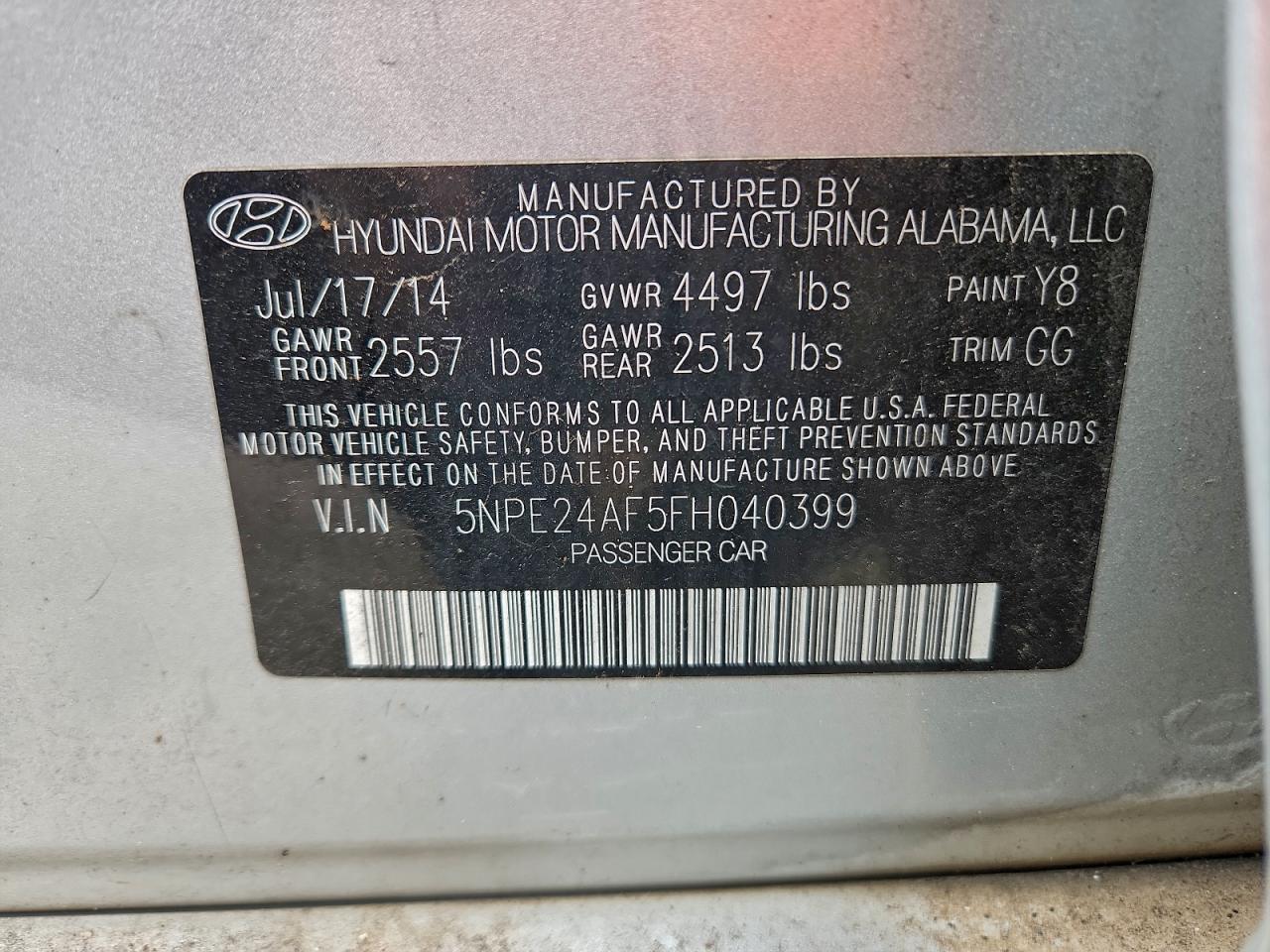 2015 Hyundai Sonata Se VIN: 5NPE24AF5FH040399 Lot: 96568855