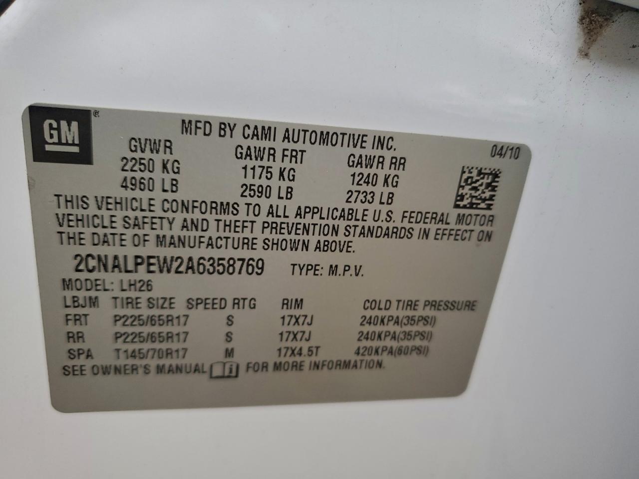 2010 Chevrolet Equinox Lt VIN: 2CNALPEW2A6358769 Lot: 94729625