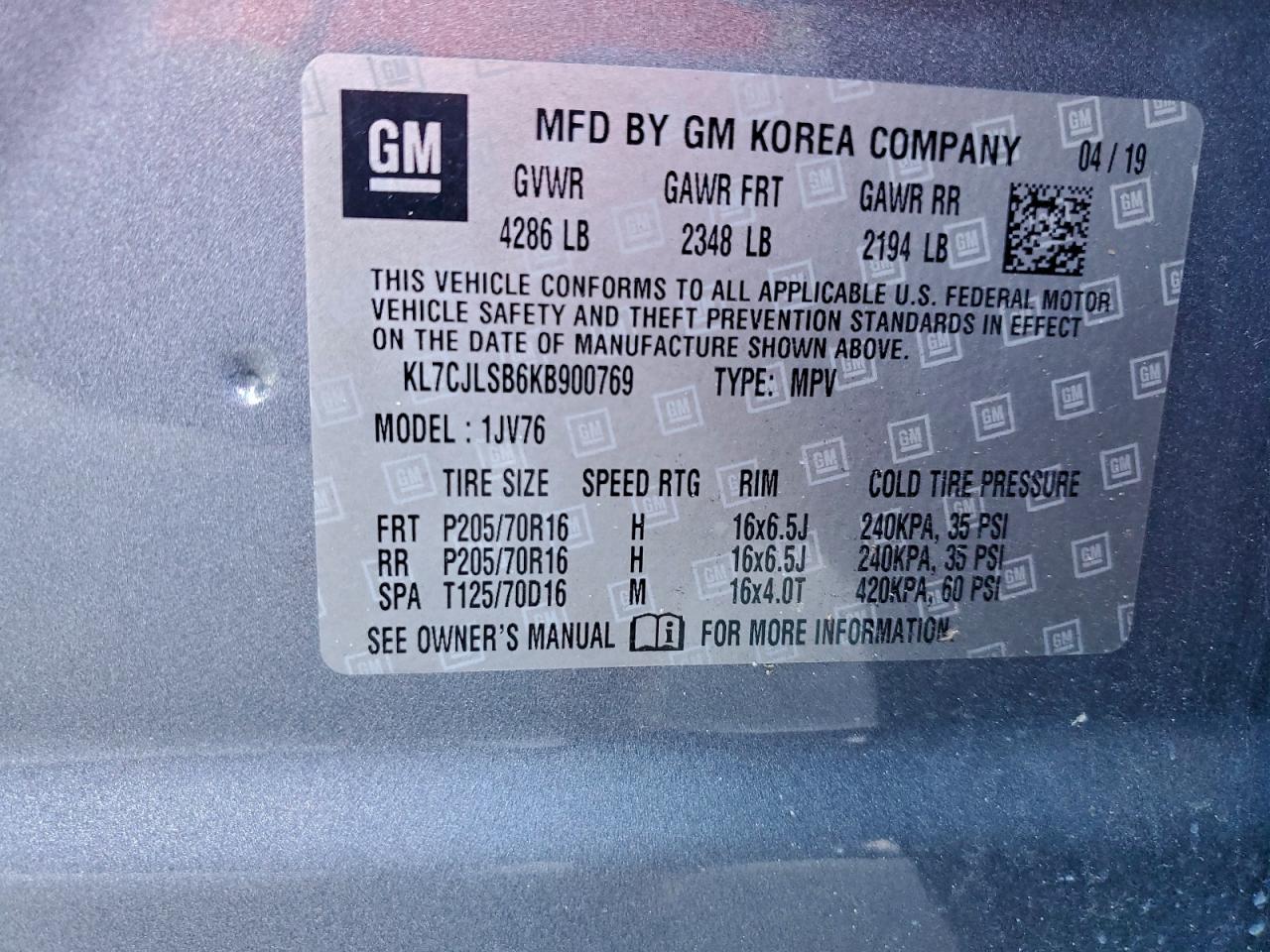 2019 Chevrolet Trax 1Lt VIN: KL7CJLSB6KB900769 Lot: 95485315