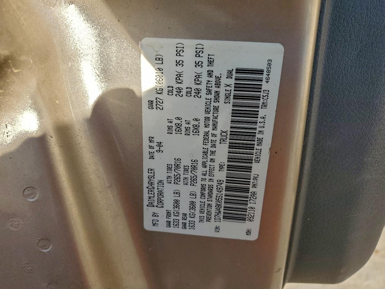 2005 Dodge Dakota Quad Slt VIN: 1D7HW48K05S149749 Lot: 95677655