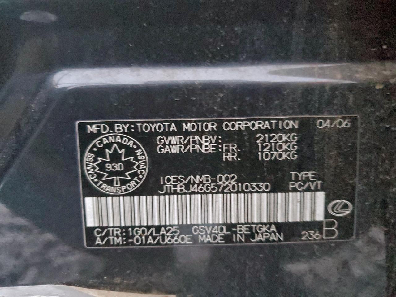 2007 Lexus Es 350 VIN: JTHBJ46G572010330 Lot: 95076895