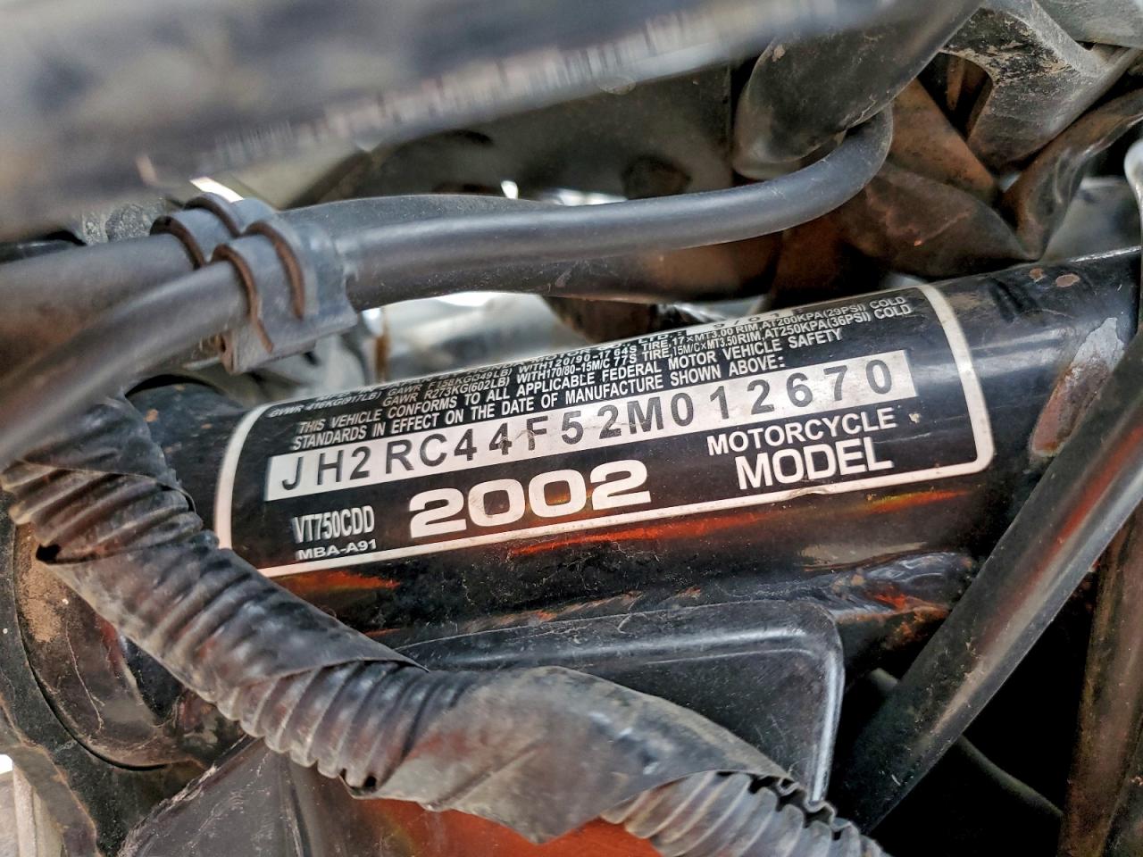 2002 Honda Vt750 Cdd VIN: JH2RC44F52M012670 Lot: 95626075
