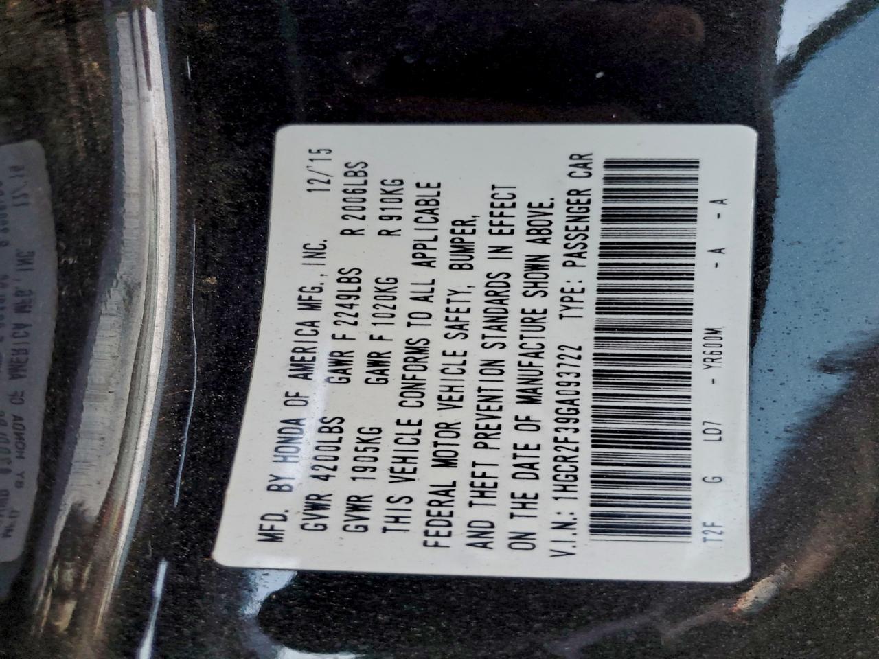 2016 Honda Accord Lx VIN: 1HGCR2F39GA093722 Lot: 95531805