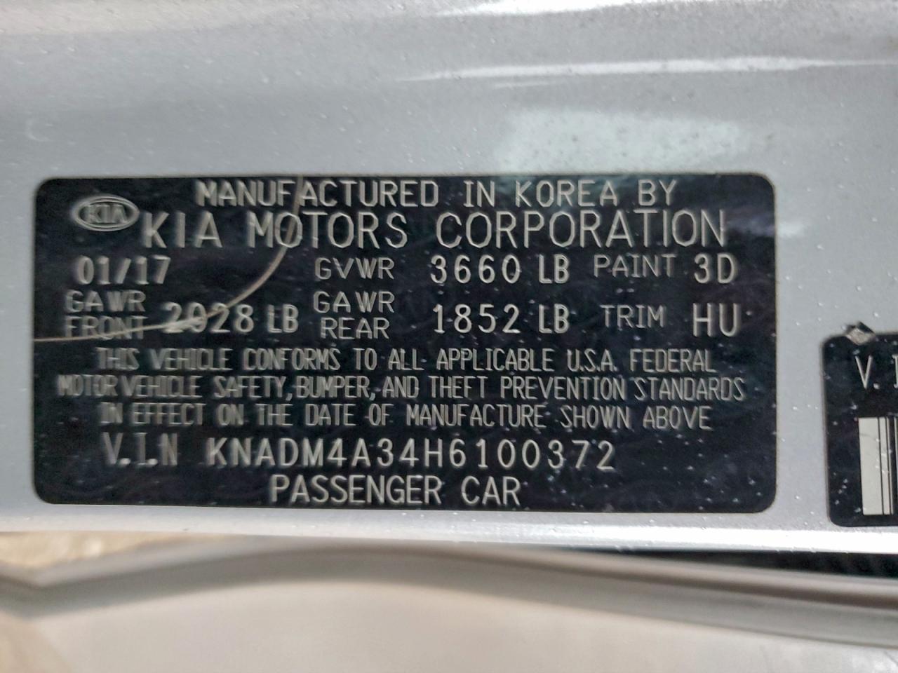 2017 Kia Rio Lx VIN: KNADM4A34H6100372 Lot: 95161455