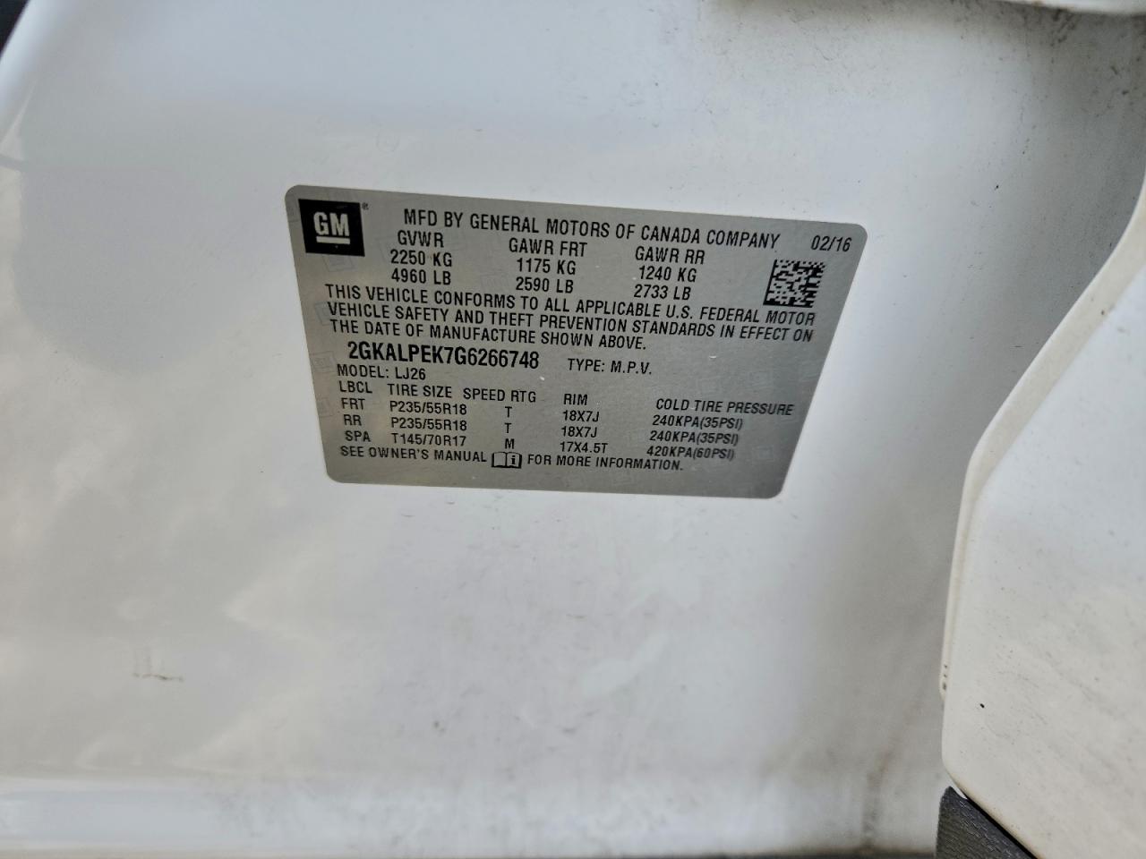 2016 GMC Terrain Slt VIN: 2GKALPEK7G6266748 Lot: 96235785