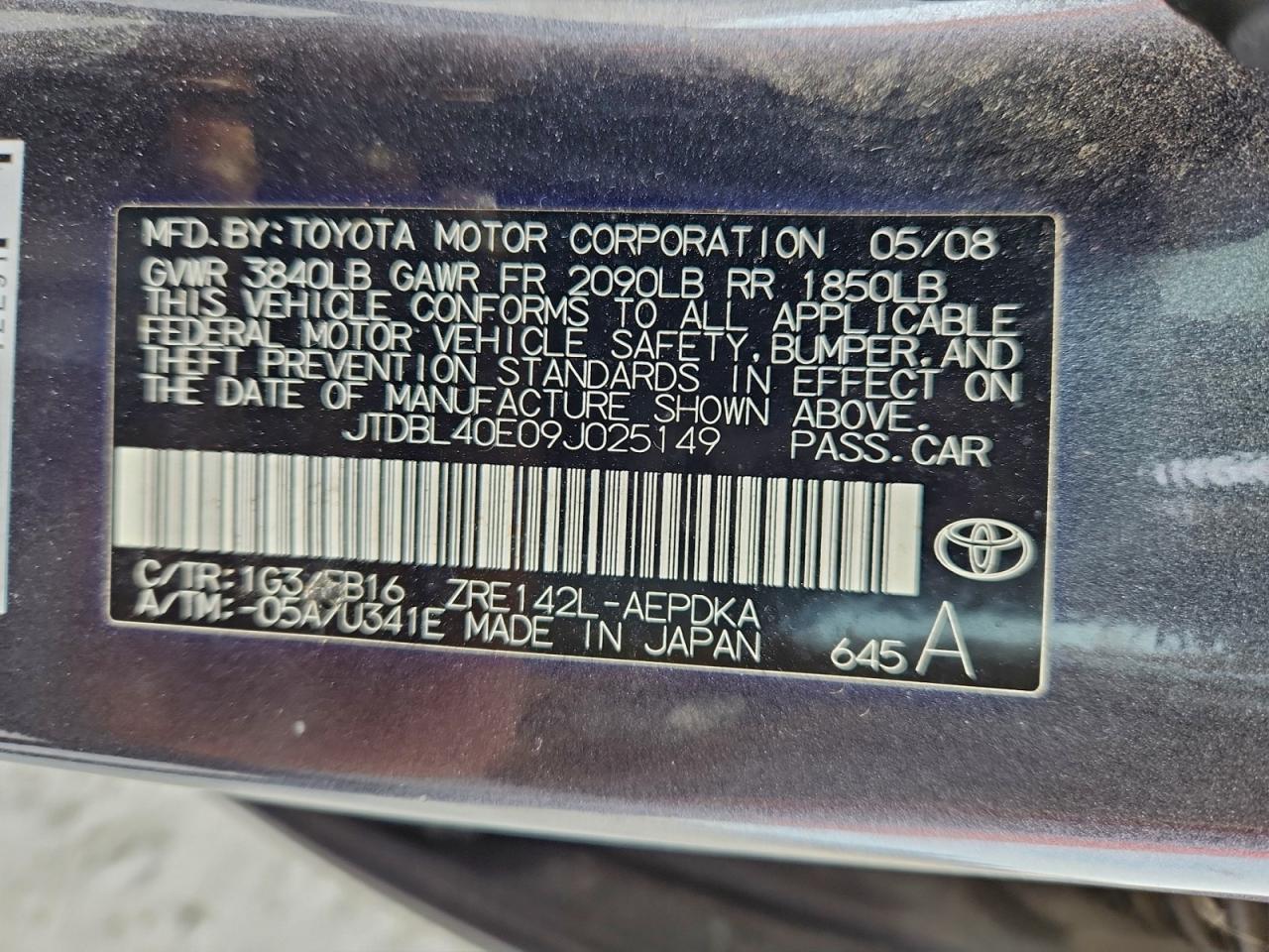 2009 Toyota Corolla Base VIN: JTDBL40E09J025149 Lot: 95989915