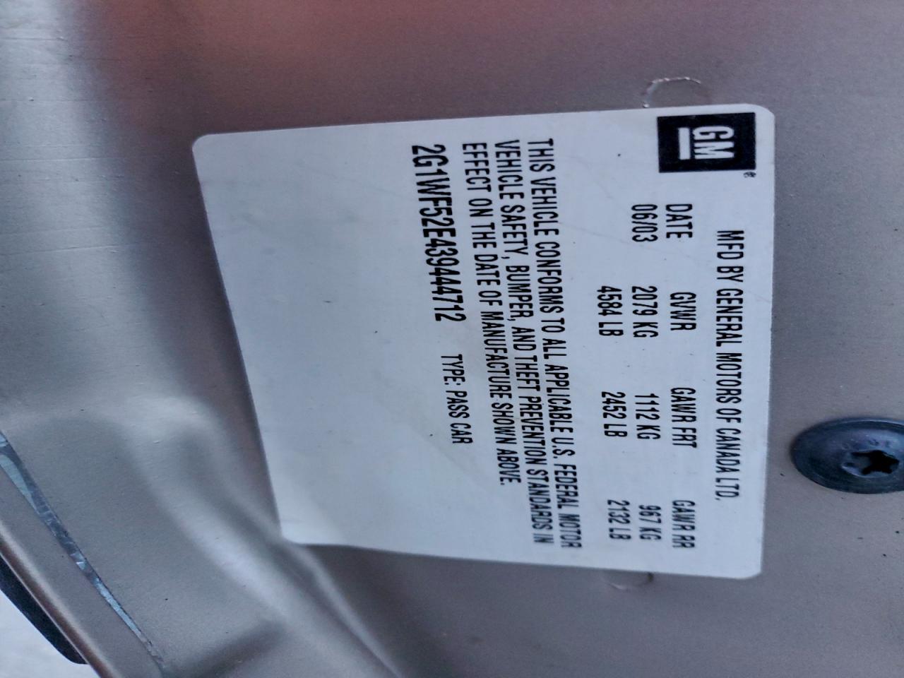 2003 Chevrolet Impala VIN: 2G1WF52E439444712 Lot: 94878595