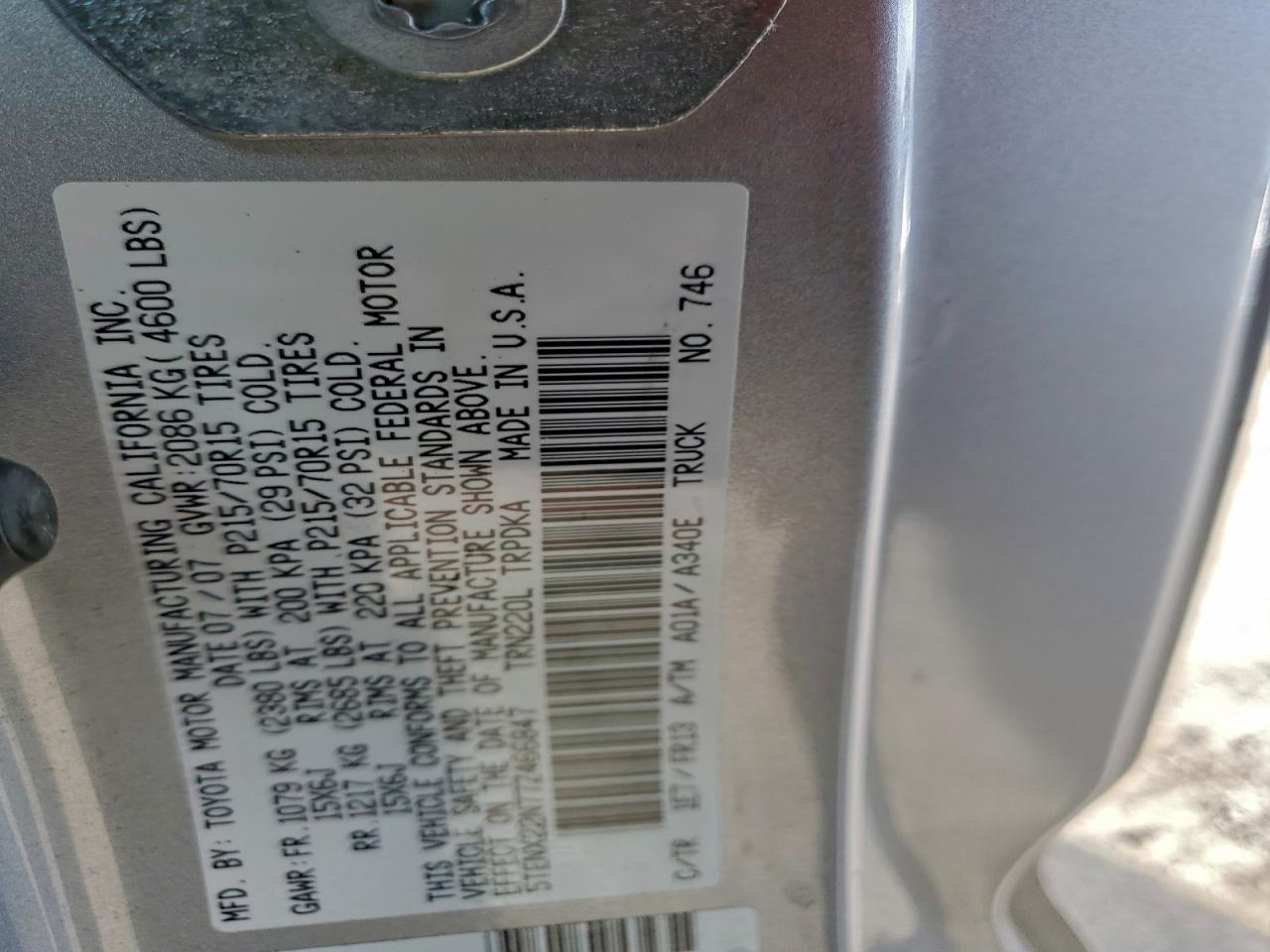 2007 Toyota Tacoma VIN: 5TENX22N77Z466847 Lot: 95869205