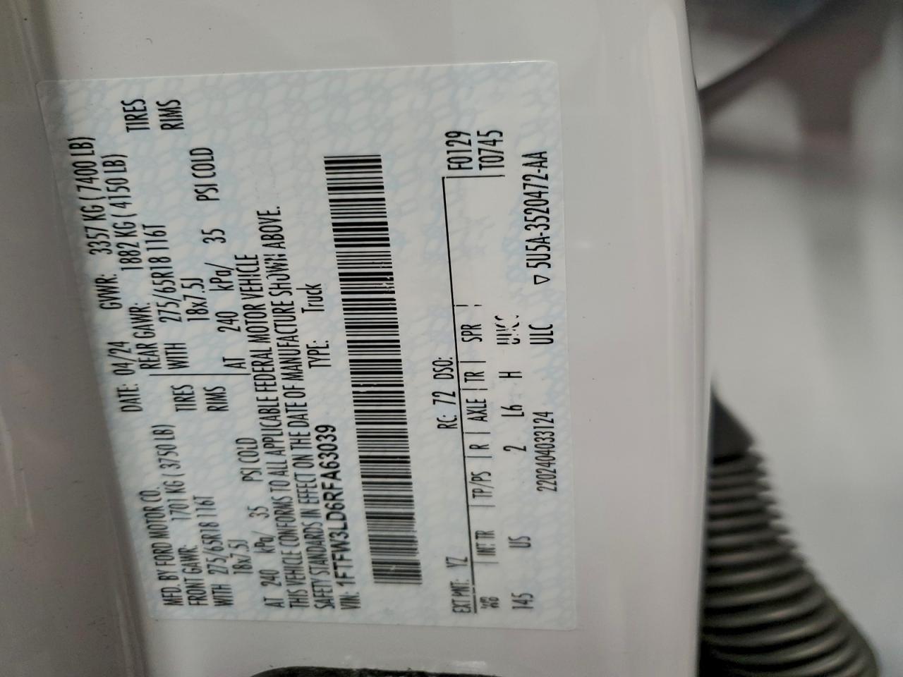 2024 Ford F150 Xlt VIN: 1FTFW3LD6RFA63039 Lot: 96826685