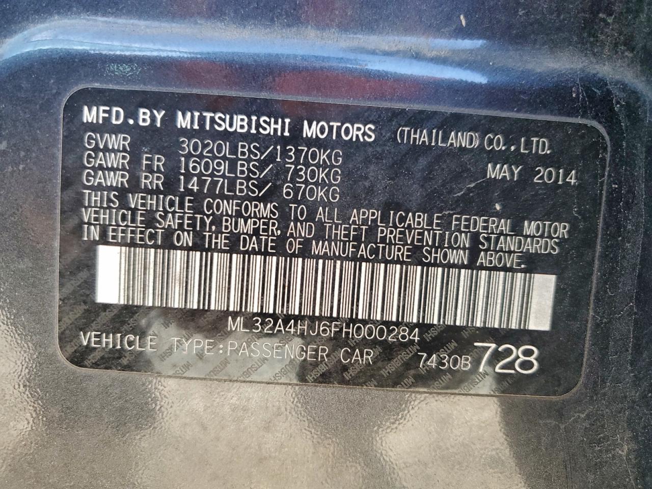 2015 Mitsubishi Mirage Es VIN: ML32A4HJ6FH000284 Lot: 96799565