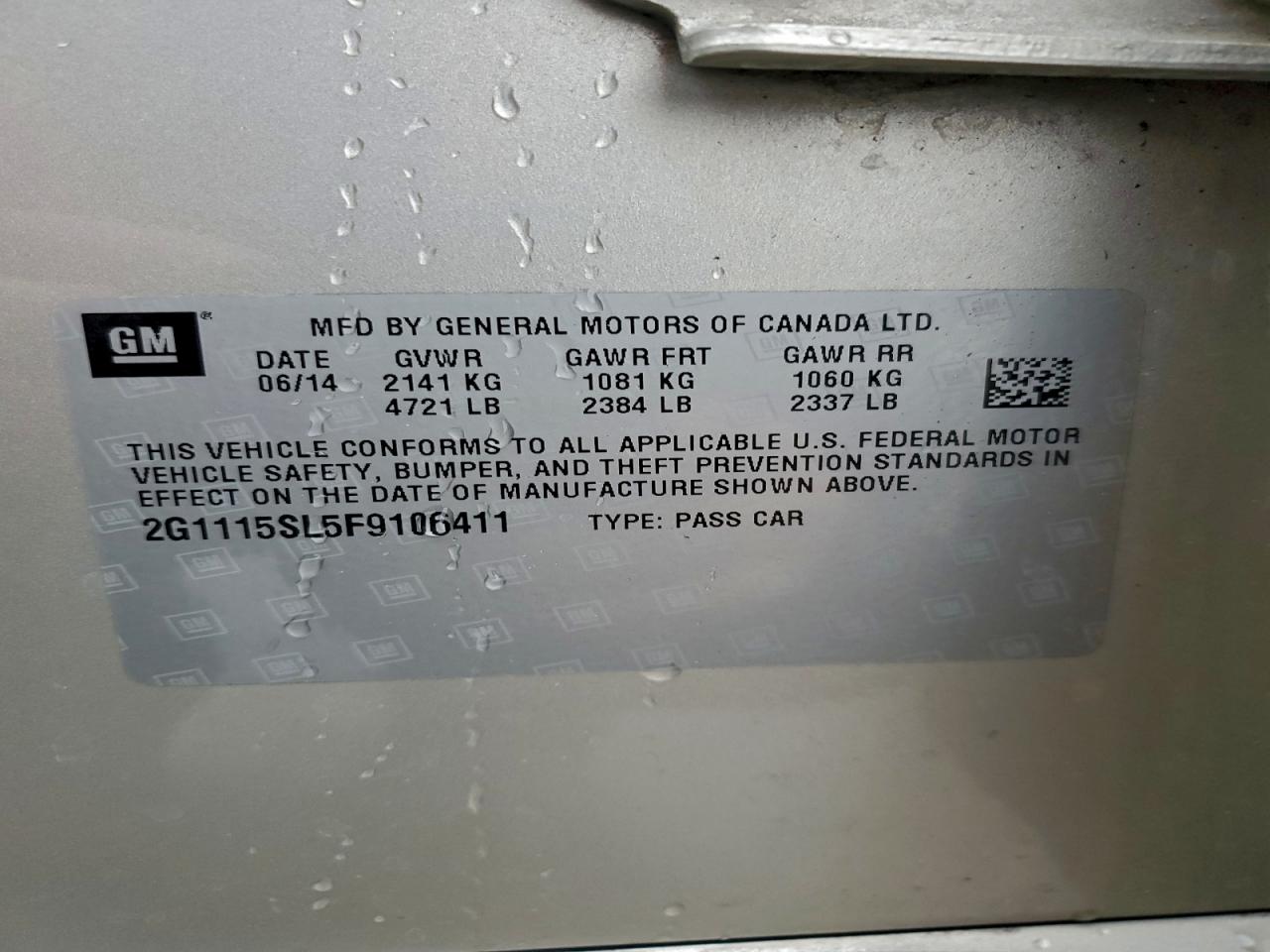 2015 Chevrolet Impala Lt VIN: 2G1115SL5F9106411 Lot: 95909555