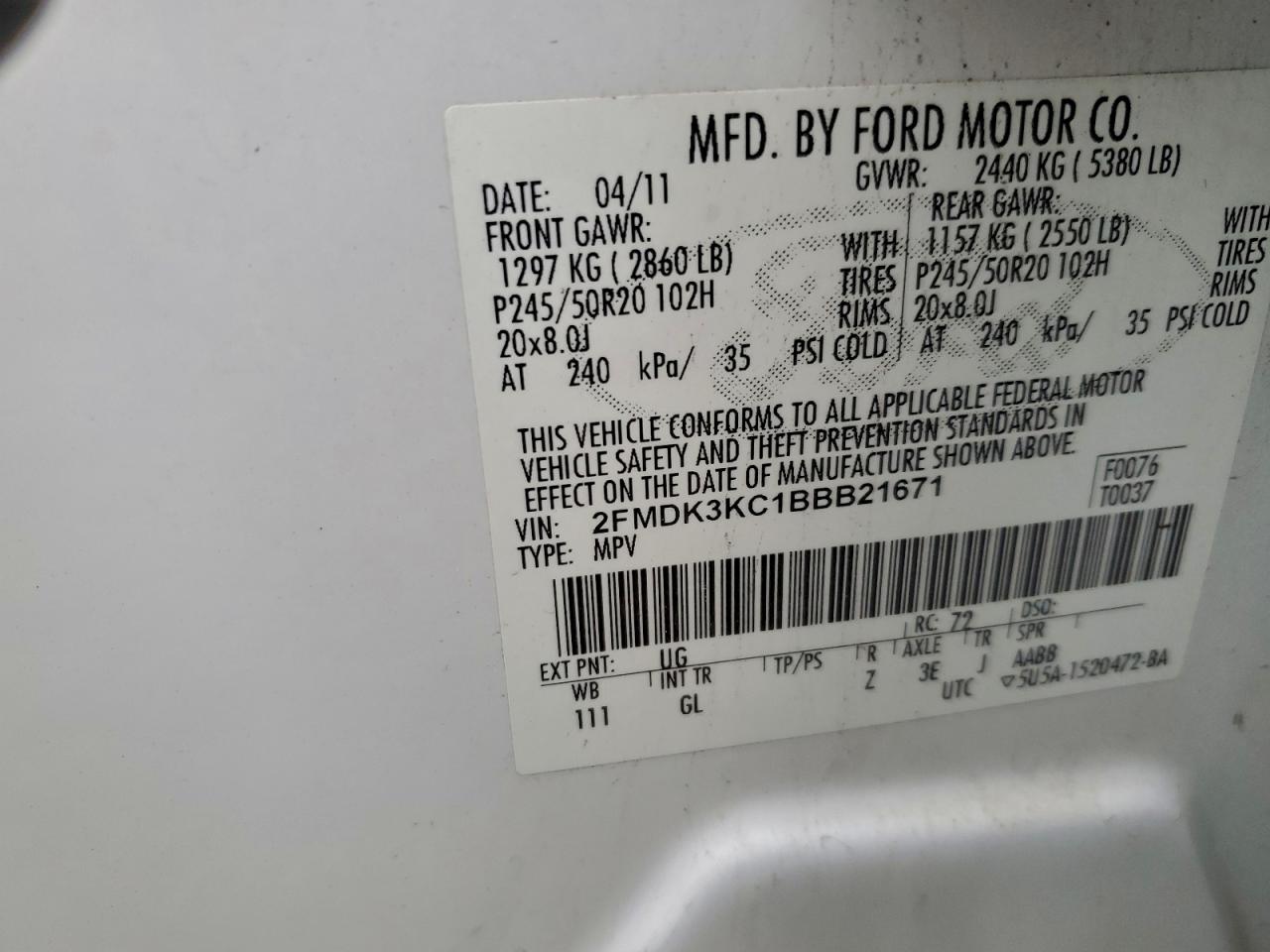 2011 Ford Edge Limited VIN: 2FMDK3KC1BBB21671 Lot: 96075355