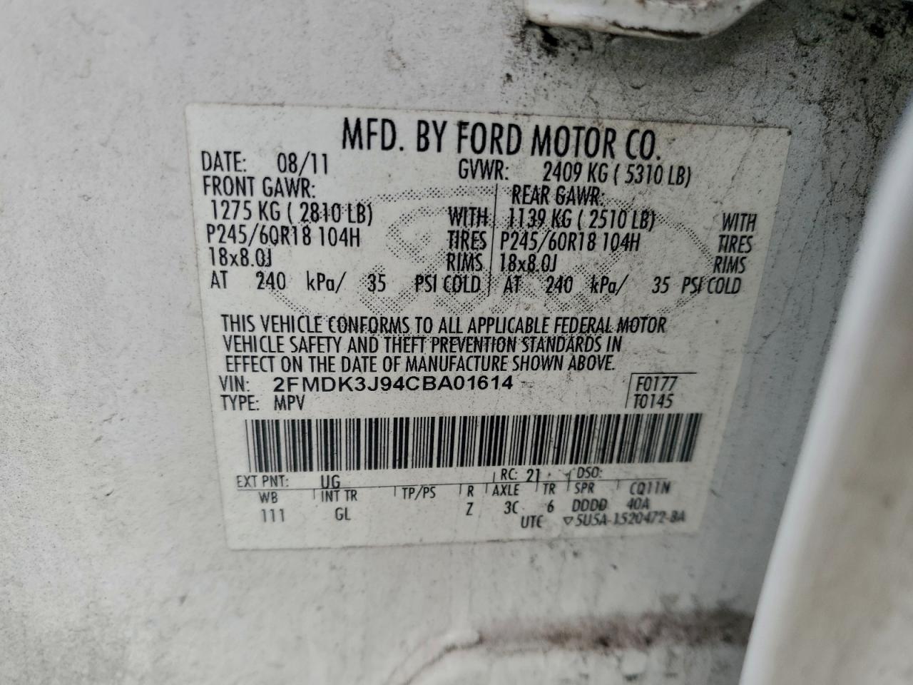 2012 Ford Edge Sel VIN: 2FMDK3J94CBA01614 Lot: 94344465