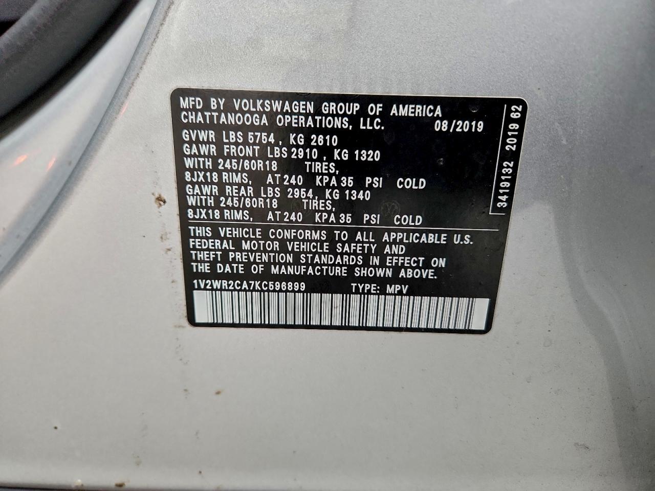 2019 Volkswagen Atlas Se VIN: 1V2WR2CA7KC596899 Lot: 93820875