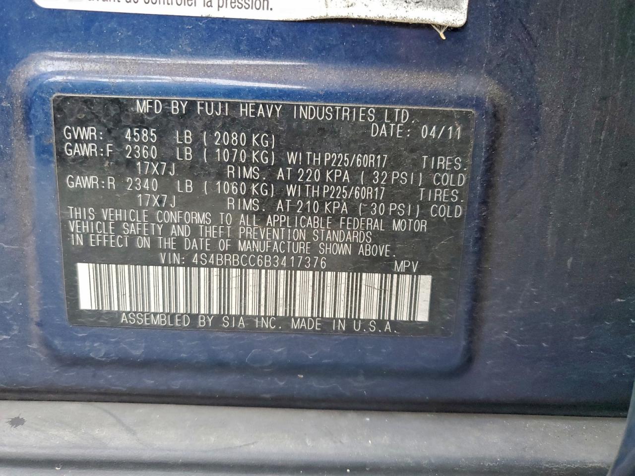 2011 Subaru Outback 2.5I Premium VIN: 4S4BRBCC6B3417376 Lot: 95025165