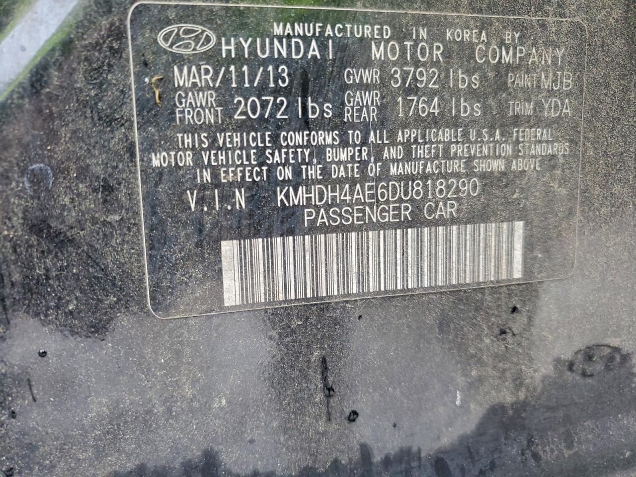 2013 Hyundai Elantra Gls VIN: KMHDH4AE6DU818290 Lot: 95145605