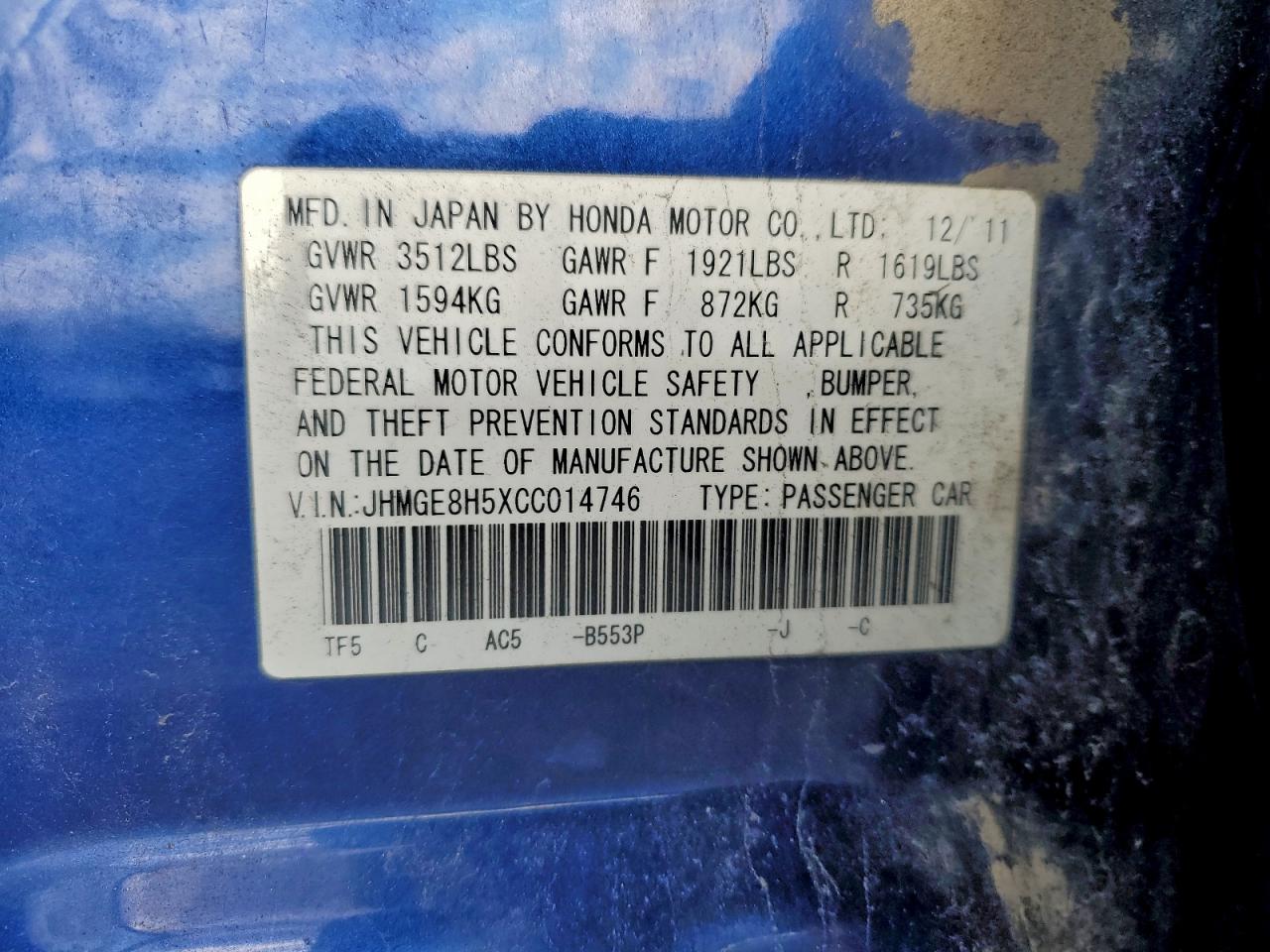 2012 Honda Fit Sport VIN: JHMGE8H5XCC014746 Lot: 92003125