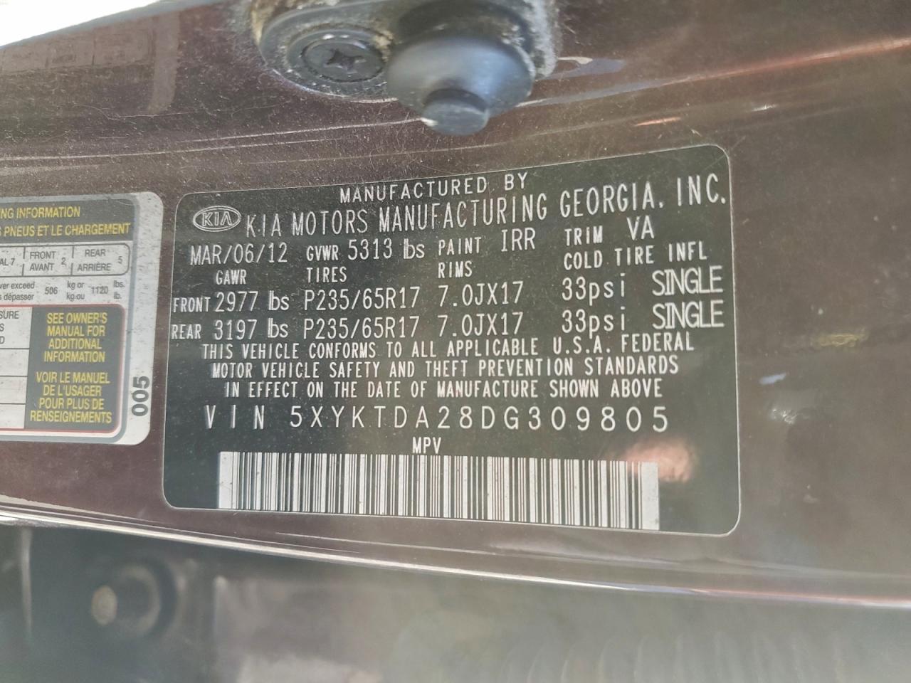 2013 Kia Sorento Lx VIN: 5XYKTDA28DG309805 Lot: 95451195