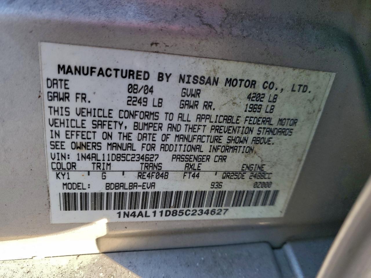 2005 Nissan Altima S VIN: 1N4AL11D85C234627 Lot: 96120635