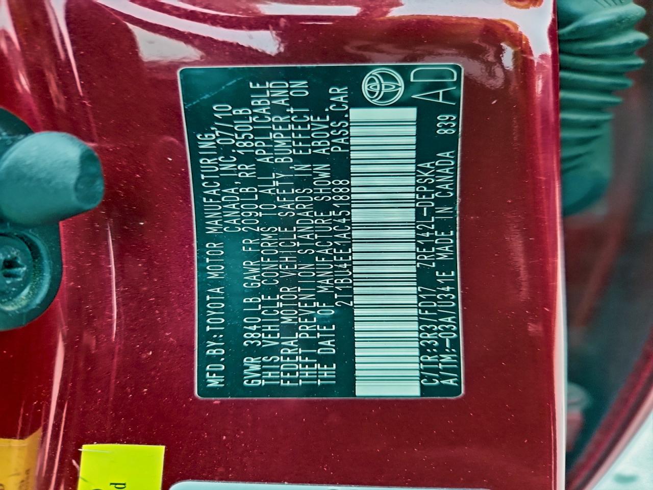 2010 Toyota Corolla Base VIN: 2T1BU4EE1AC451888 Lot: 95772315