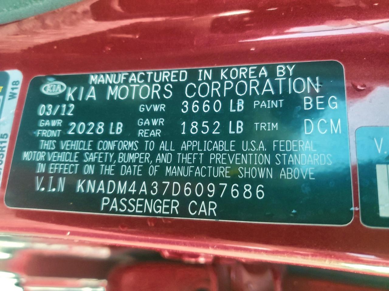 2013 Kia Rio Lx VIN: KNADM4A37D6097686 Lot: 94966695