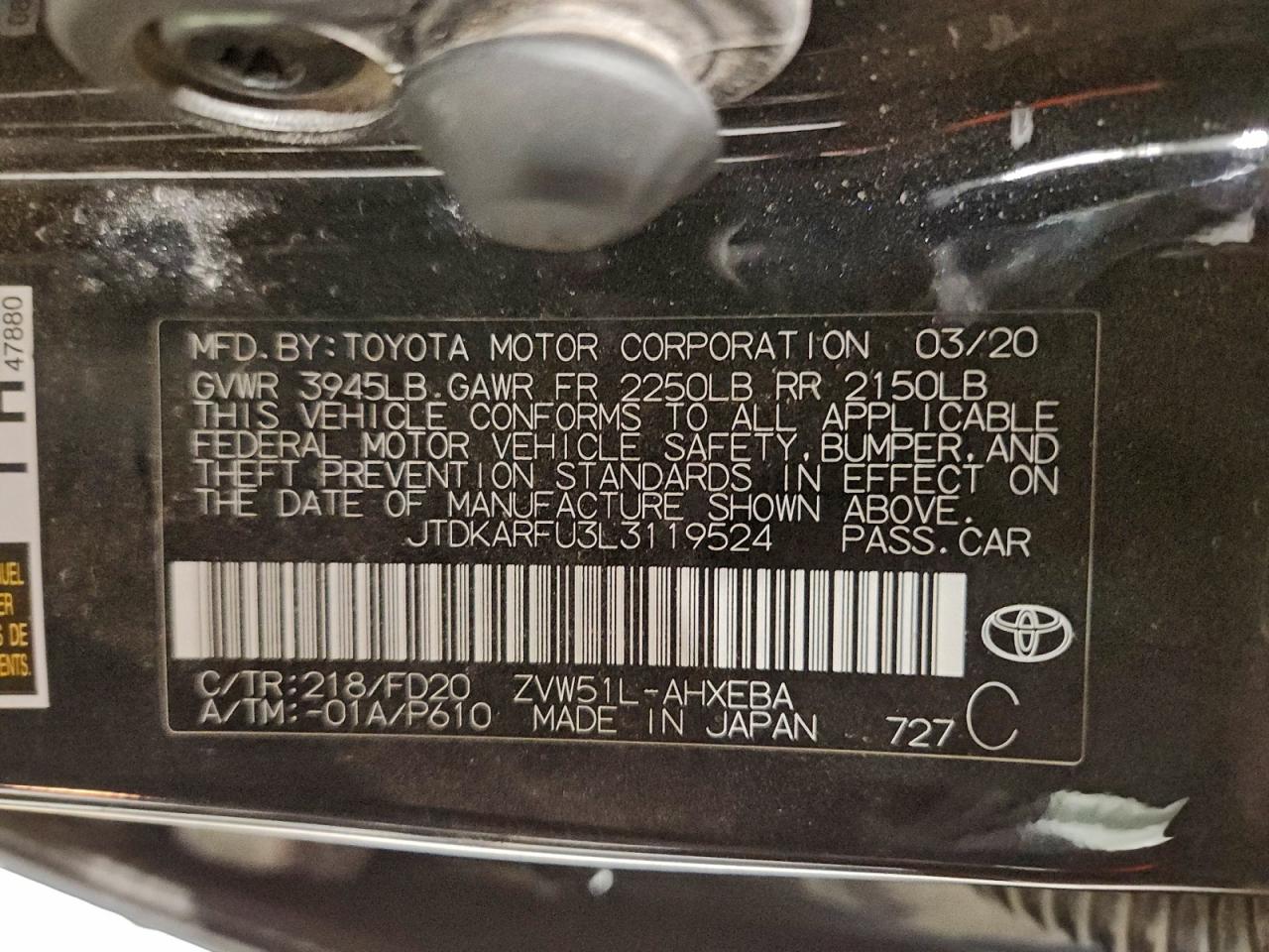 2020 Toyota Prius L VIN: JTDKARFU3L3119524 Lot: 94494975