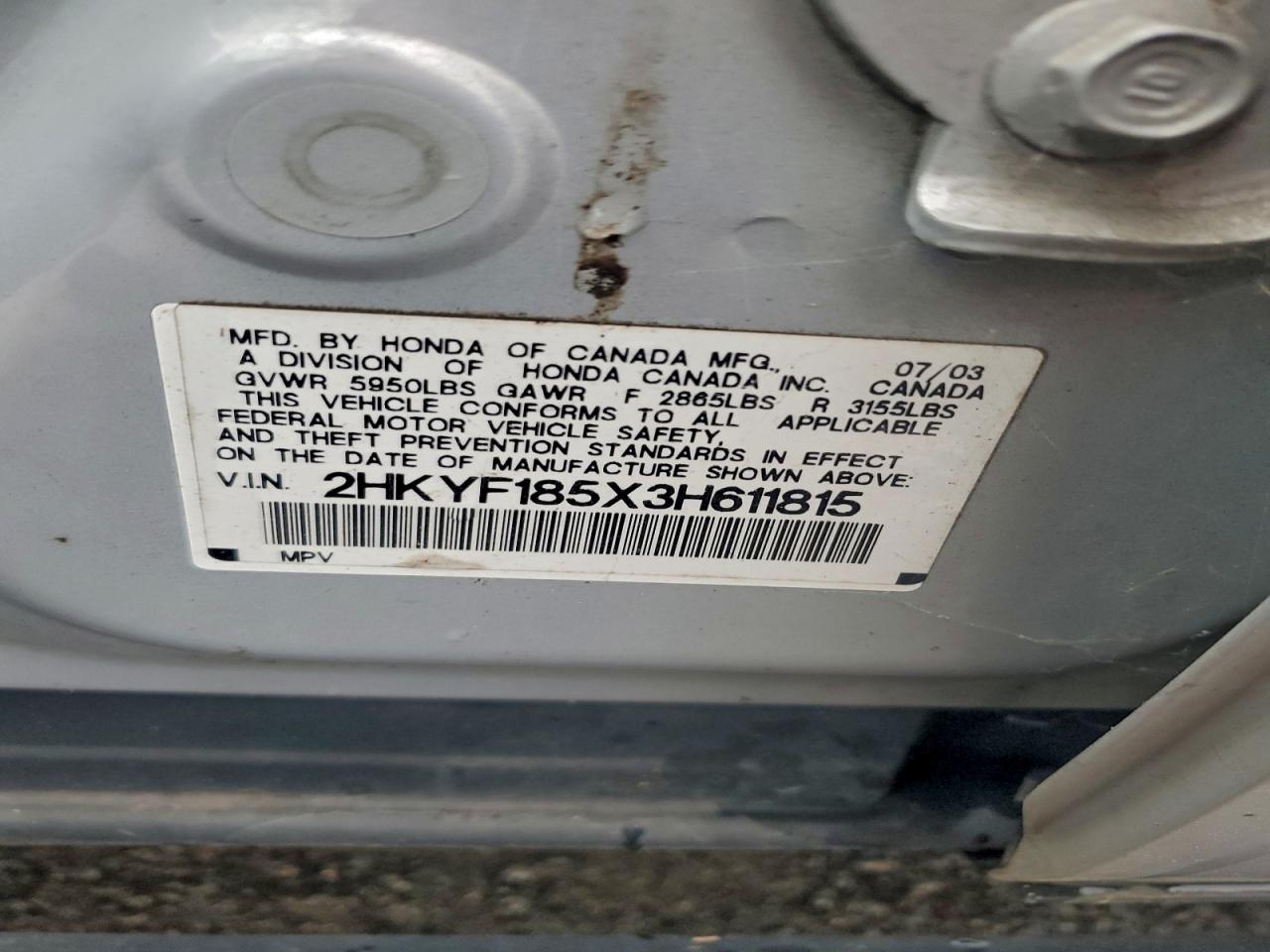 2003 Honda Pilot Exl VIN: 2HKYF185X3H611815 Lot: 94266145