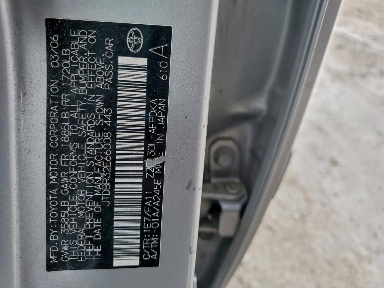 2006 Toyota Corolla Ce VIN: JTDBR32E660081443 Lot: 96947225