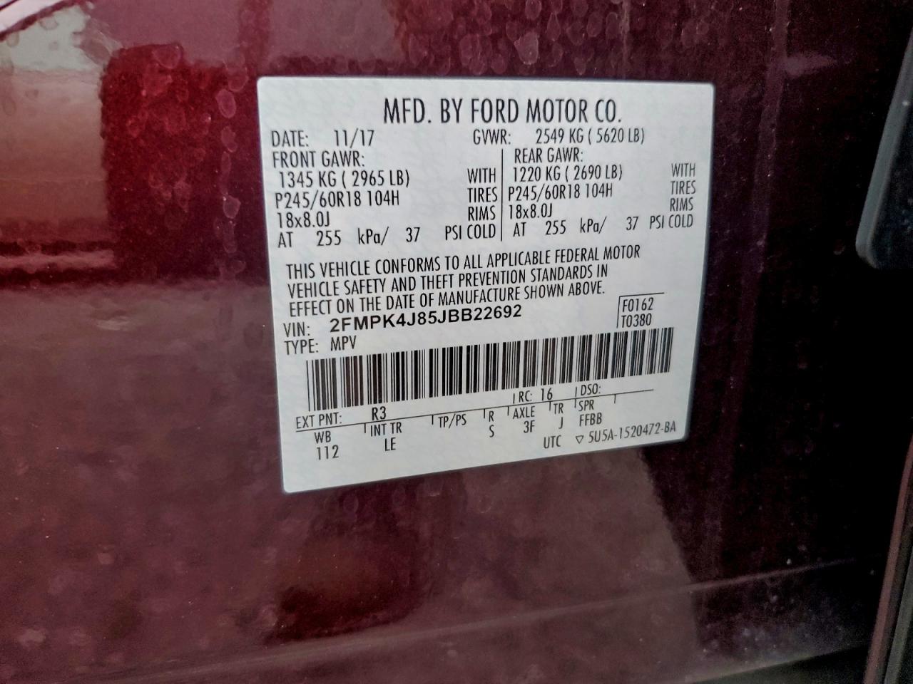 2018 Ford Edge Sel VIN: 2FMPK4J85JBB22692 Lot: 94688595