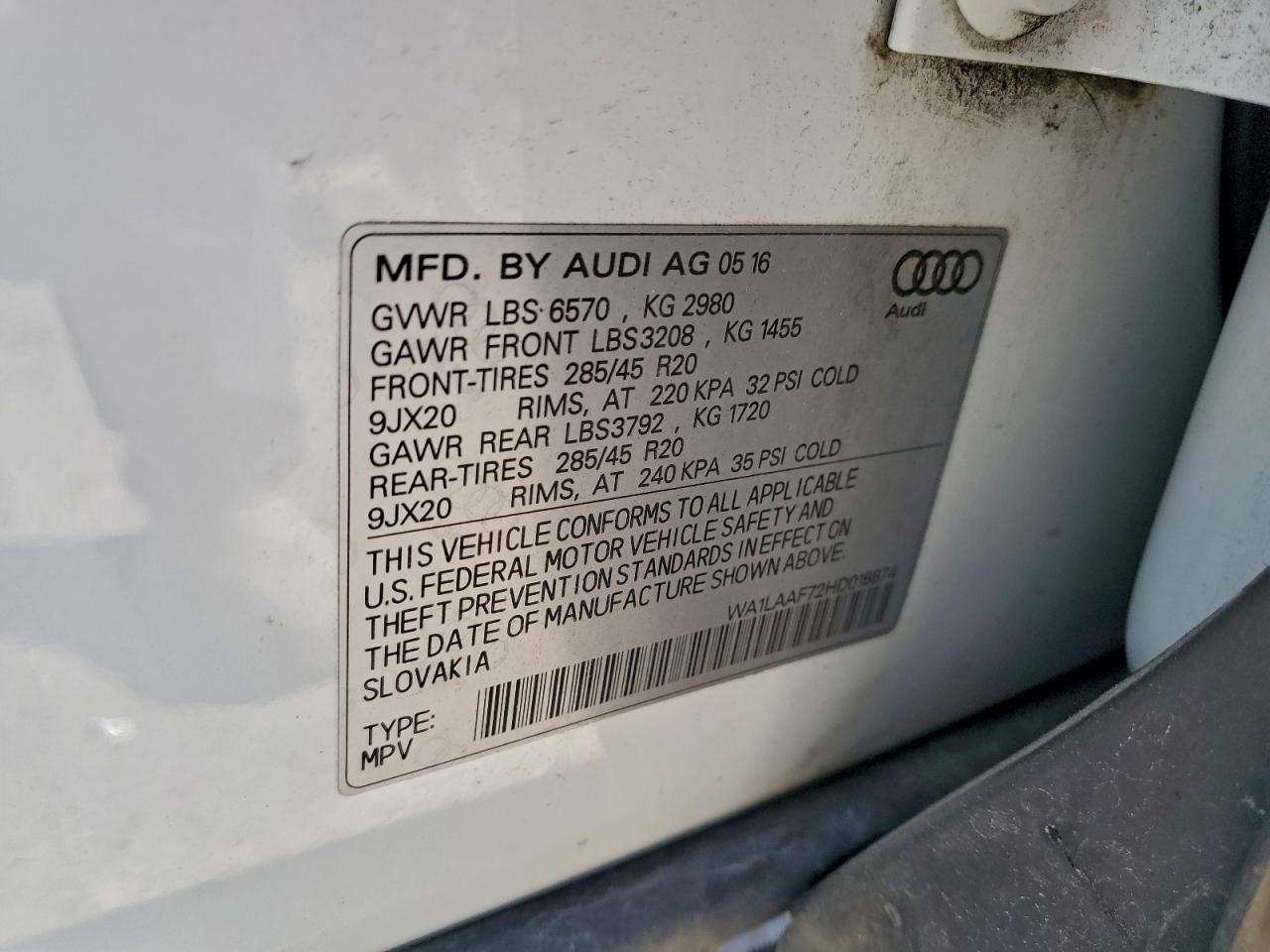 2017 Audi Q7 Premium Plus VIN: WA1LAAF72HD018874 Lot: 95167795