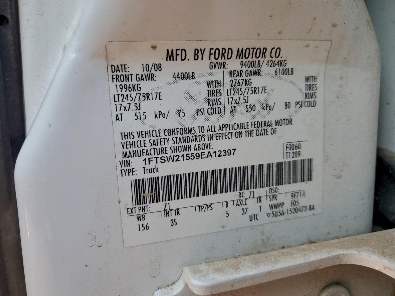 2009 Ford F250 Super Duty VIN: 1FTSW21559EA12397 Lot: 94480375