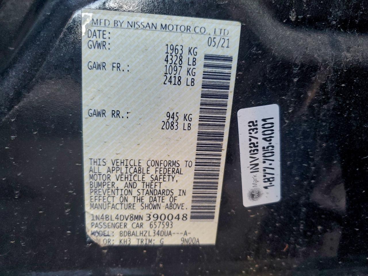 2021 Nissan Altima Sv VIN: 1N4BL4DV8MN390048 Lot: 94579525