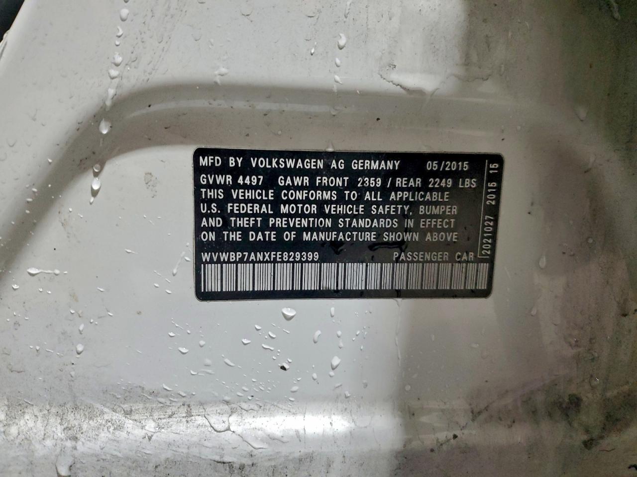 2015 Volkswagen Cc Sport VIN: WVWBP7ANXFE829399 Lot: 95201435