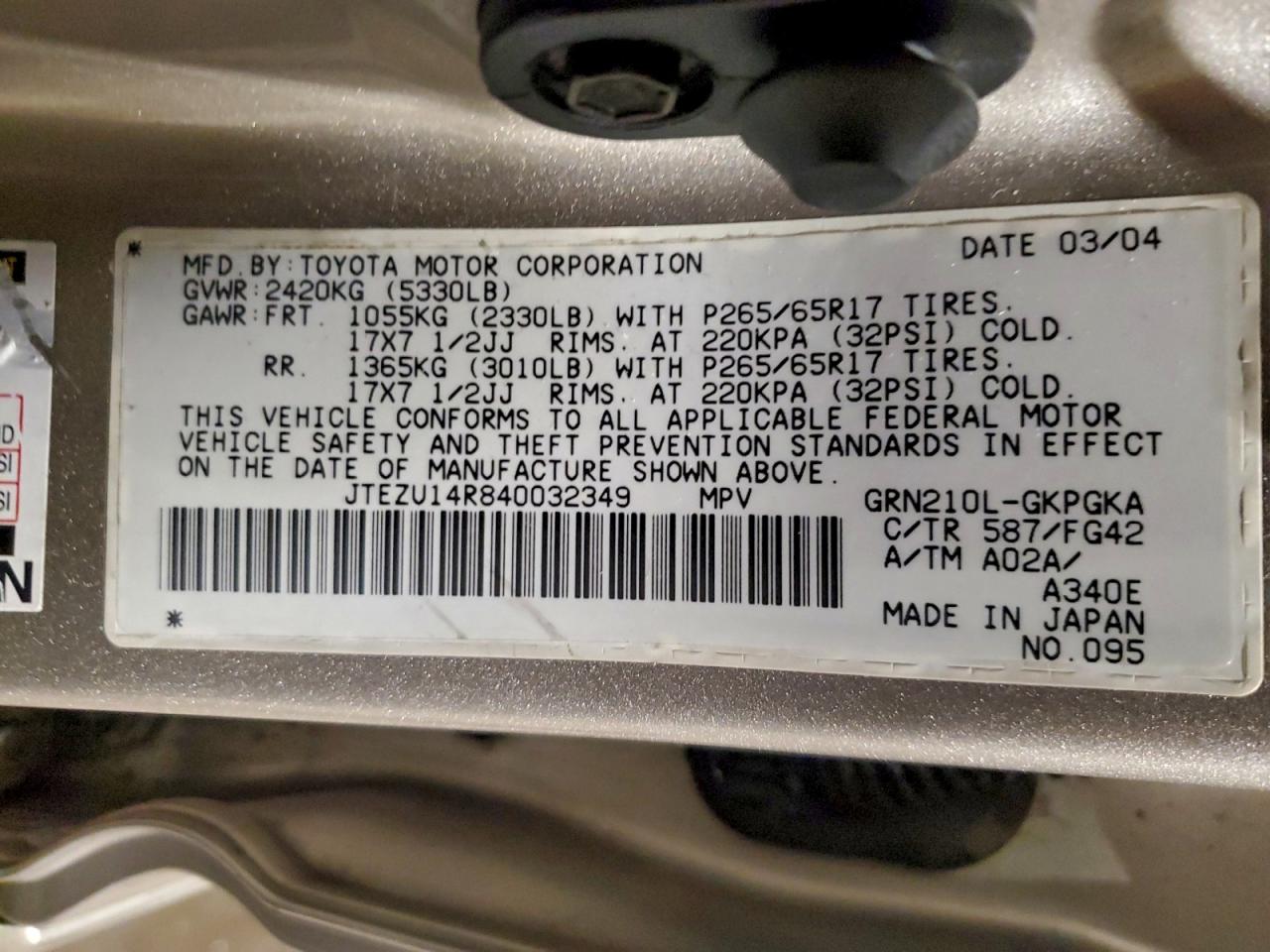 2004 Toyota 4Runner Sr5 VIN: JTEZU14R840032349 Lot: 96693035