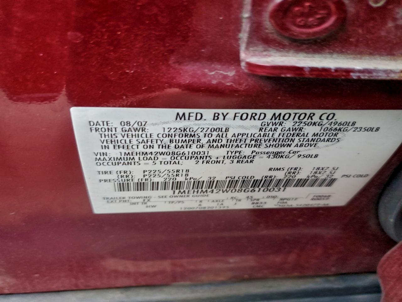 2008 Mercury Sable Premier VIN: 1MEHM42W08G610031 Lot: 95241325